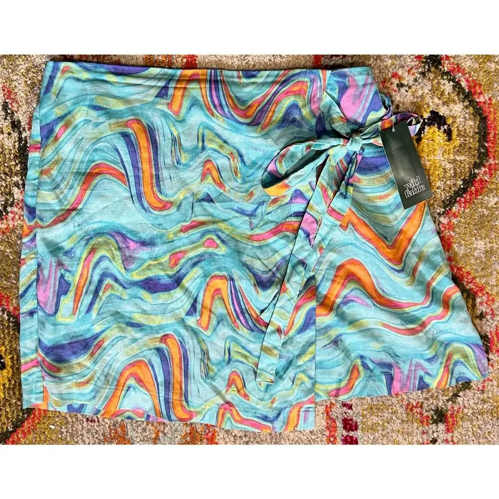 Wild Fable  Mesh Wrap Skirt -Aqua / Orange Waves   Women’s size small NWT